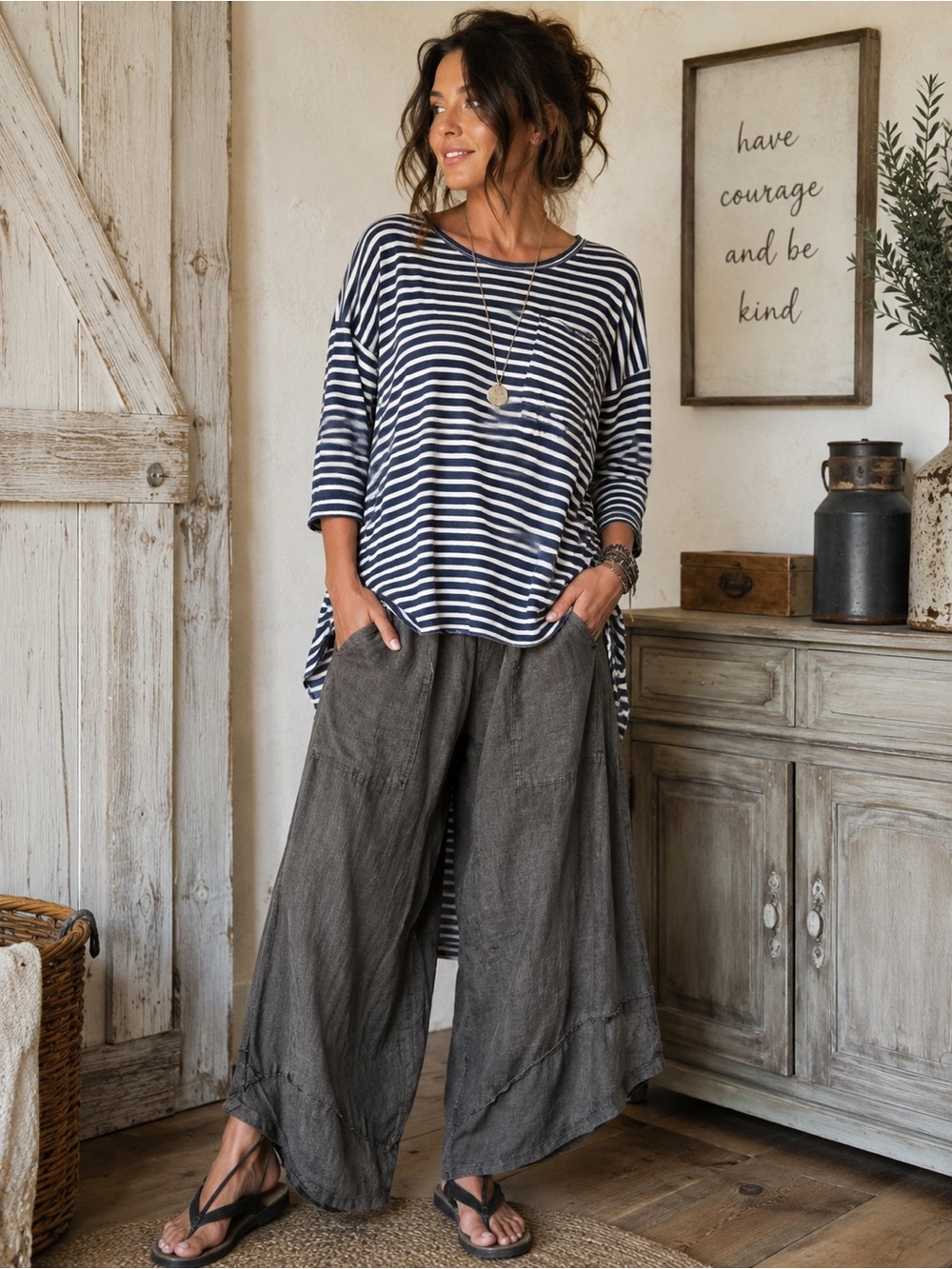 Umgee Oversized Striped Hi-Low Knit Top Medium Navy White Pocket Lagenlook